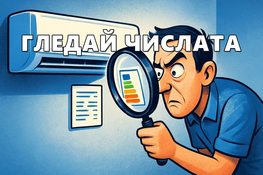 Човек разглежда през лупа табелката с характеристиките и енергийния клас до климатика