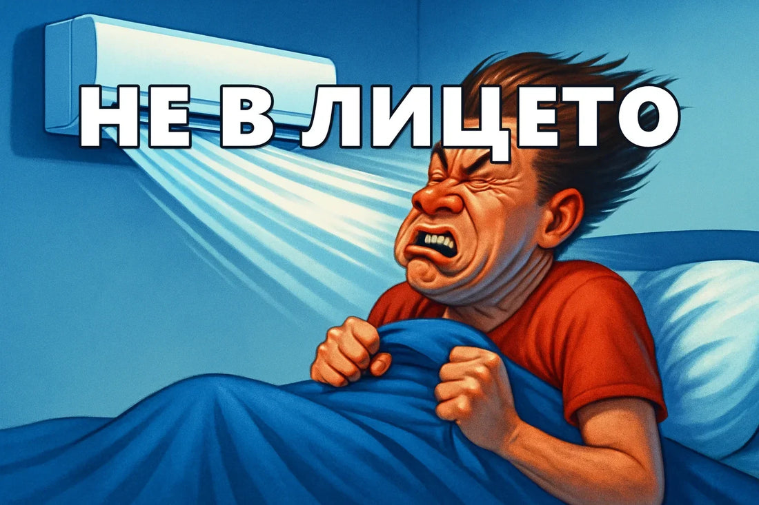 Човек в леглото, когото струята от климатика духа право в лицето