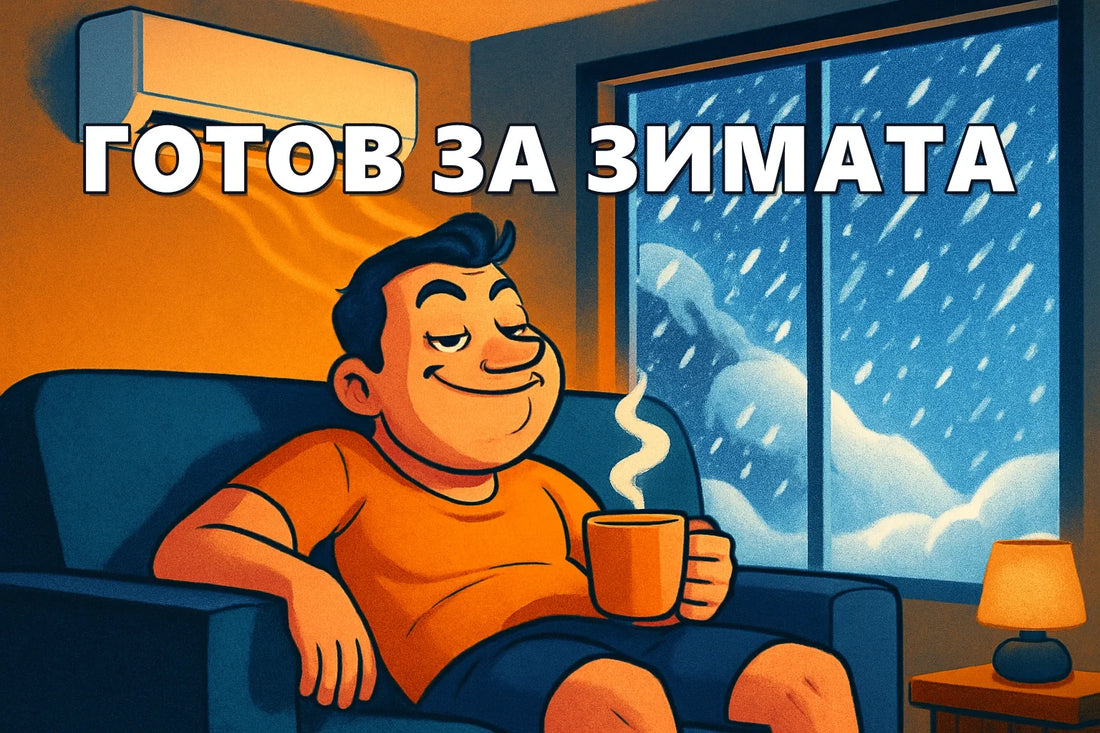 Човек по тениска пие чай в топлата стая, докато навън вилнее снежна буря