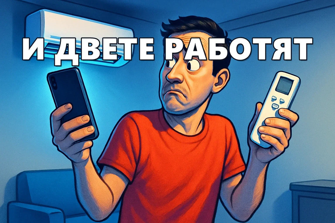 Мъж пред климатик държи телефон в едната ръка и дистанционно в другата и се колебае кое да ползва