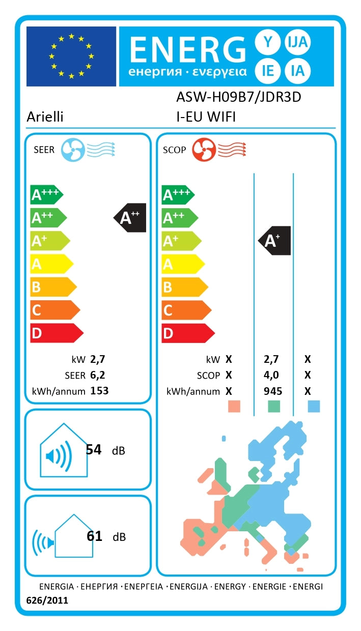 климатик Ариели ASW-h09B7/JDR3DI-EU WiFI бял енергиен стикер