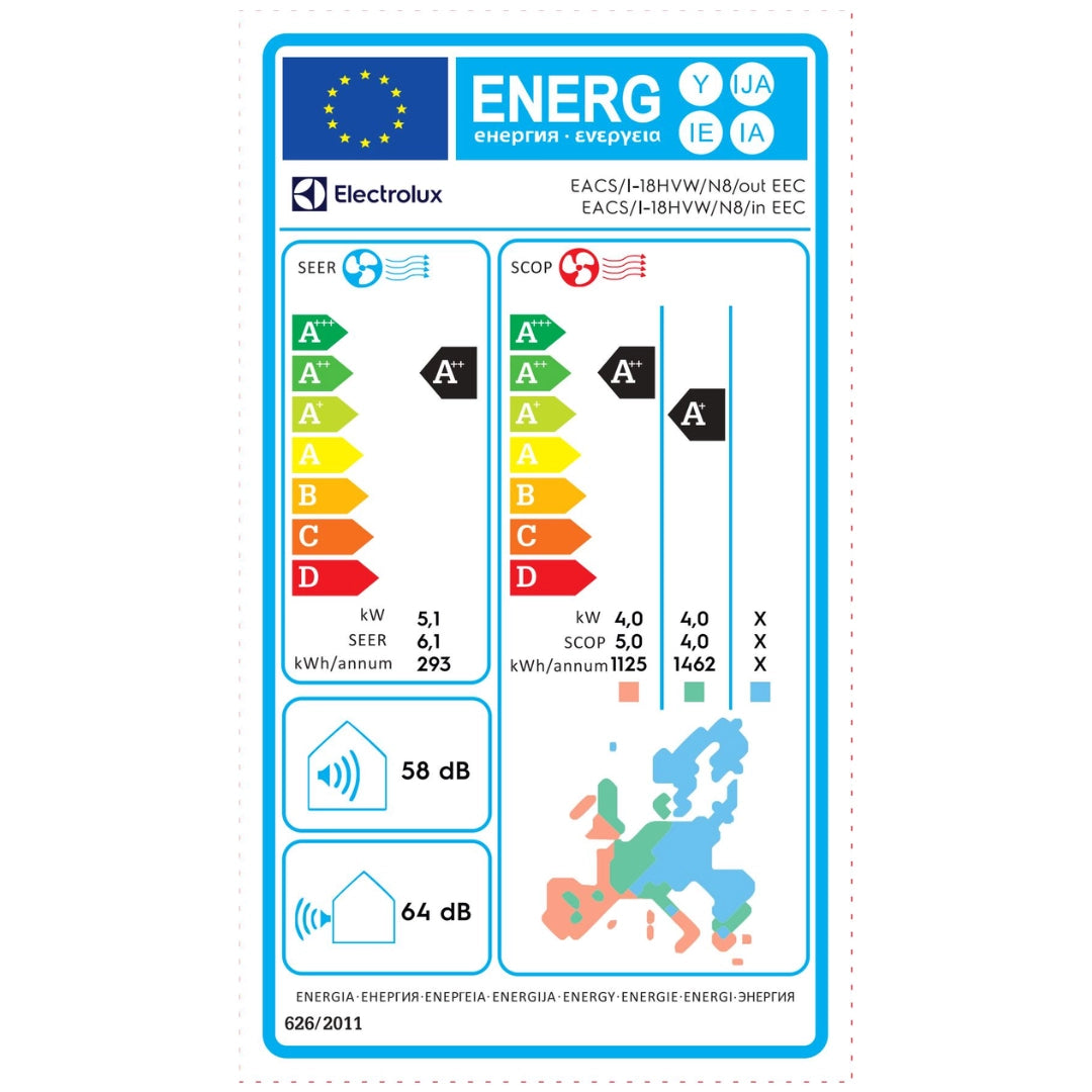 Климатик Electrolux модел: EACS/I-18HVW/N8 EEC (Wi-Fi) бял енергиен стикер