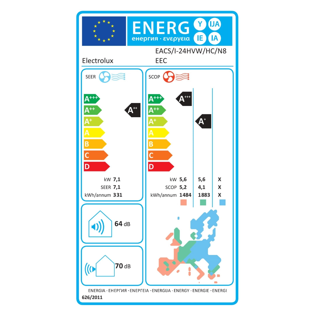 Климатик Electrolux модел: EACS/I-24HVW/HC/N8 EEC (Wi-Fi) бял енергиен стикер