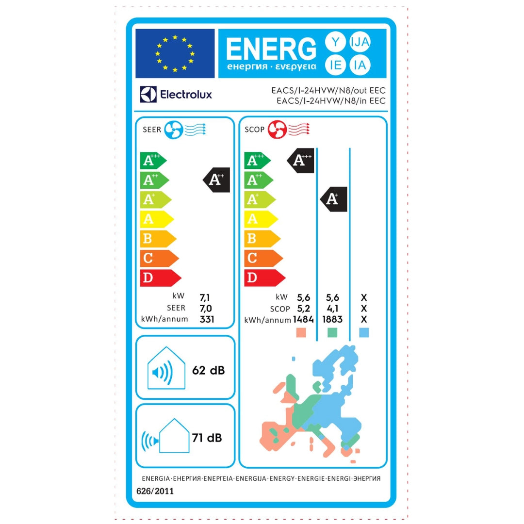 Климатик Electrolux модел: EACS/I-24HVW/N8 EEC (Wi-Fi) бял енергиен стикер