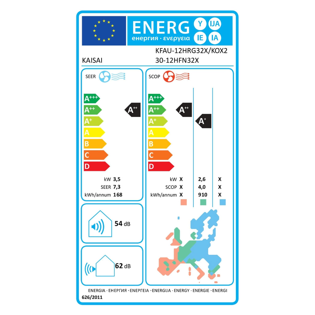 Климатик Kaisai подов модел: KFAU-12HRG32X / KOX230-12HFN32X бял енергиен стикер
