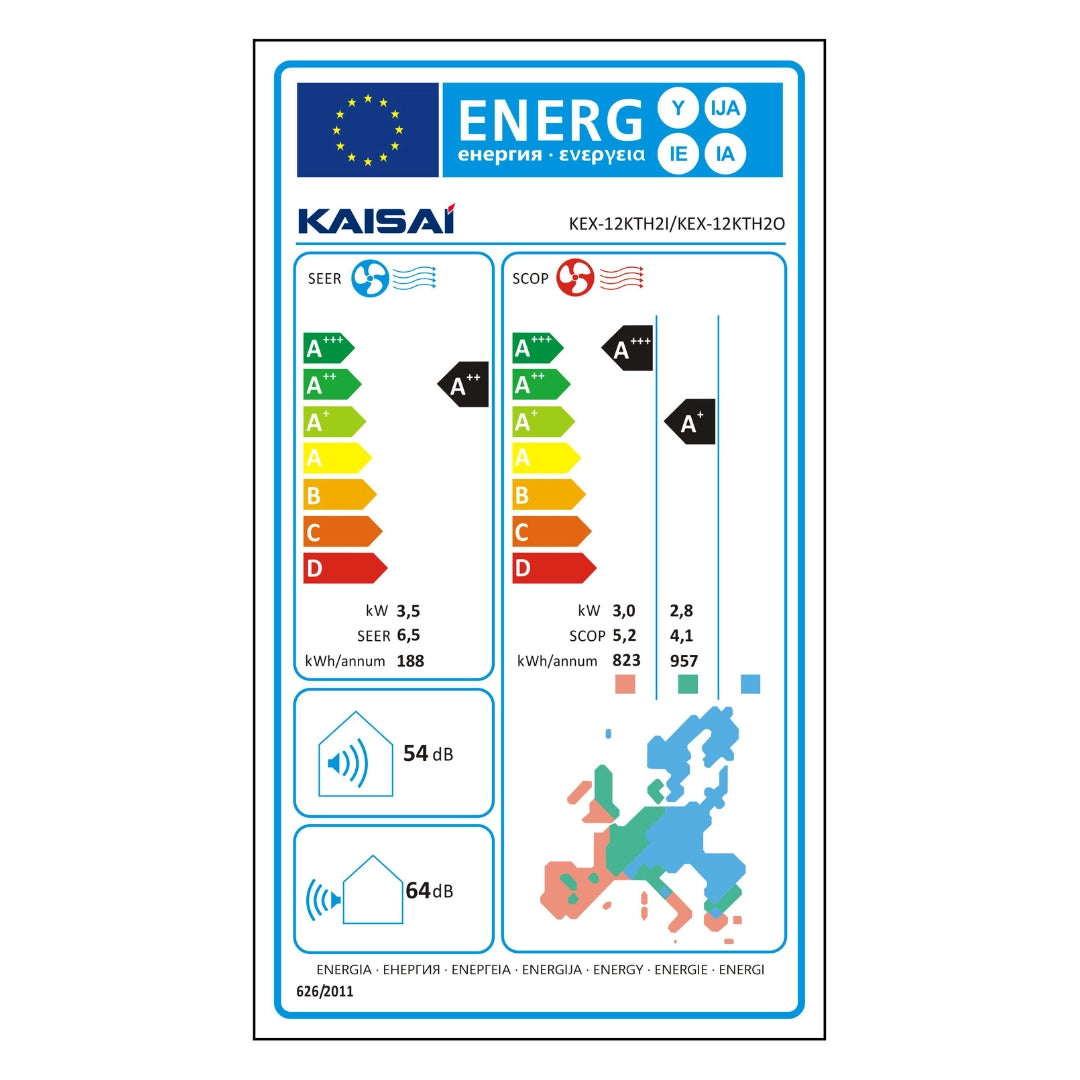 Климатик Kaisai ECO модел: KEX-12KTH2I / KEX-12KTH2O бял енергиен стикер