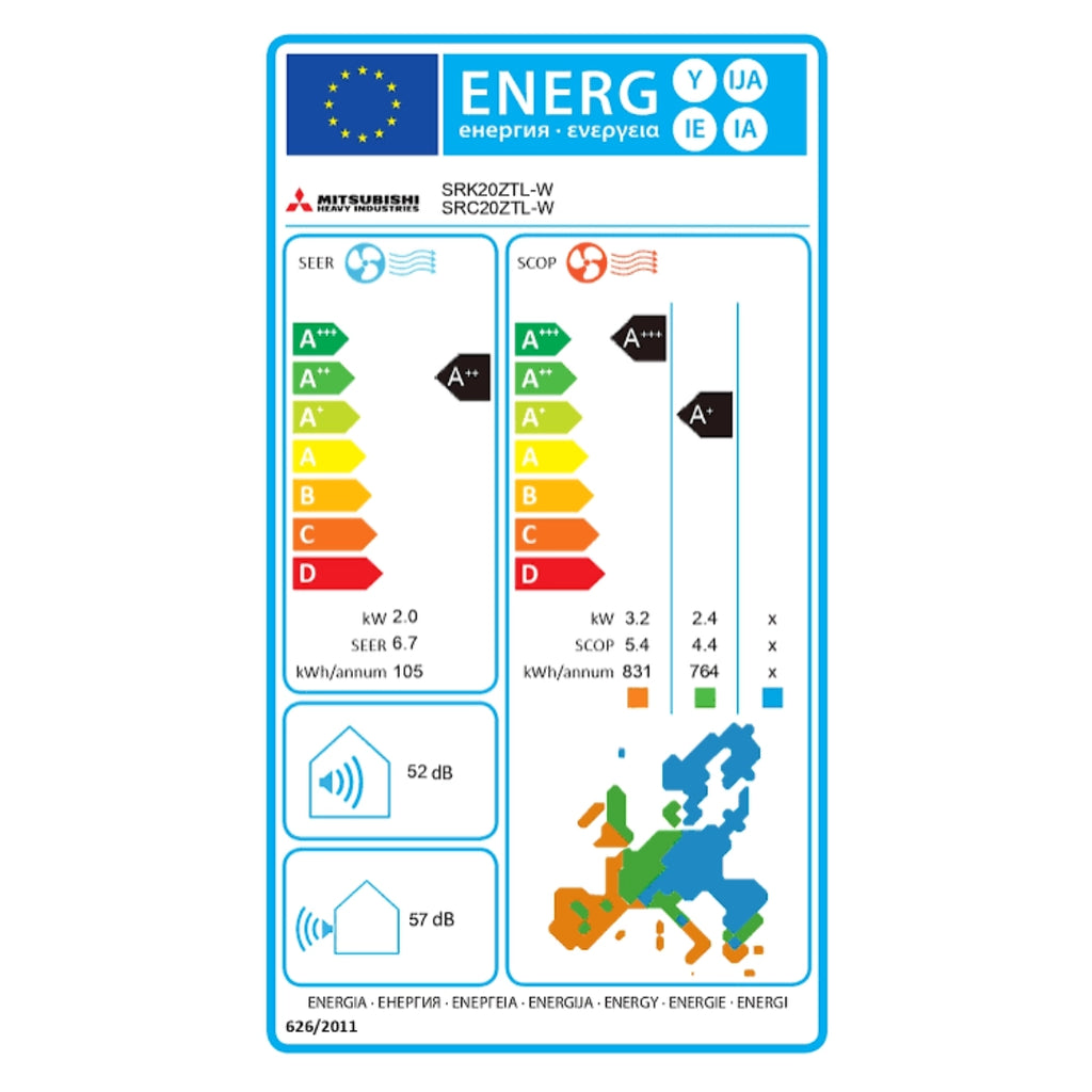 Климатик Mitsubishi Heavy Smart Plus модел: SRK20ZTL-W/SRC20ZTL-W бял енергиен стикер