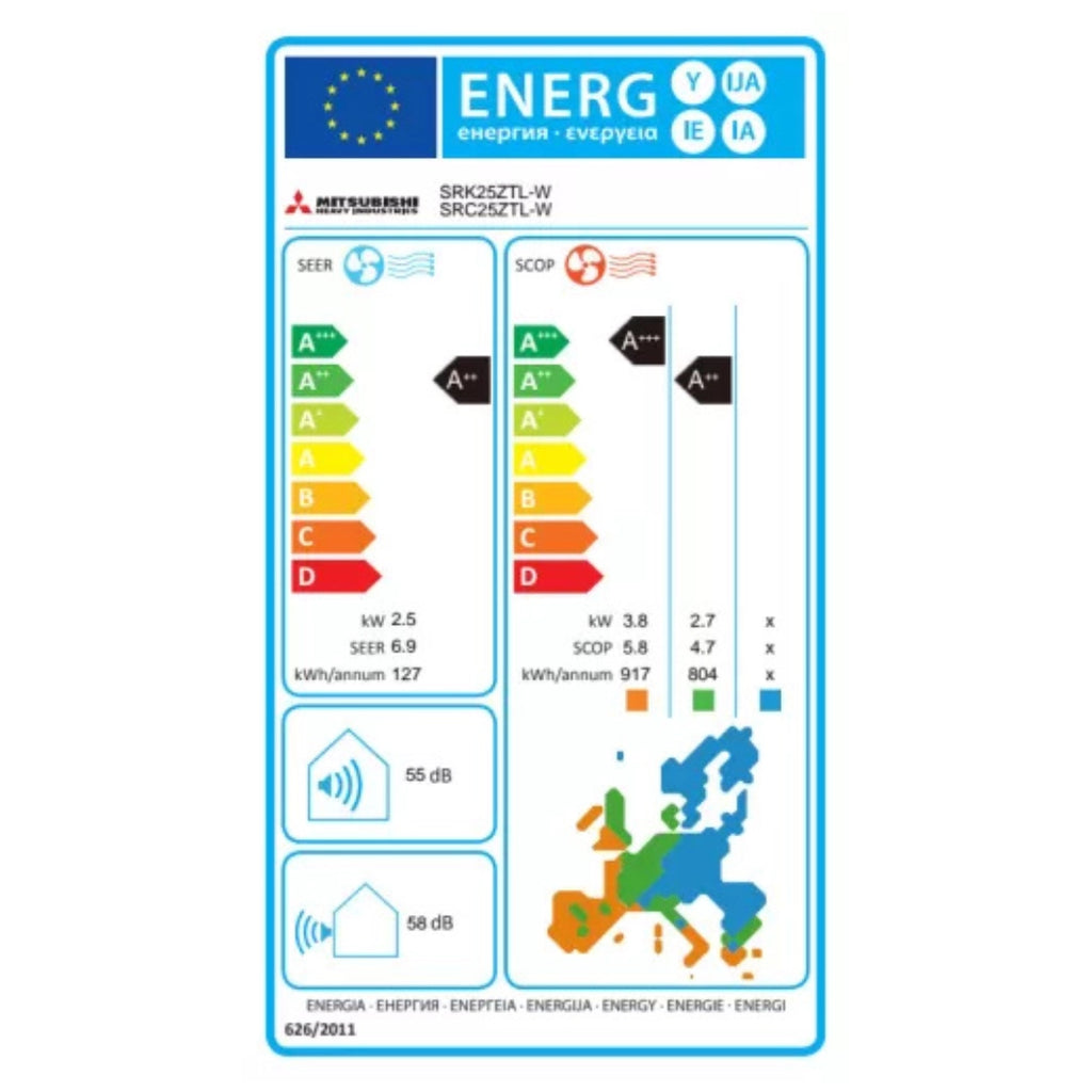 Климатик Mitsubishi Heavy Smart Plus модел: SRK25ZTL-W/SRC25ZTL-W бял енергиен стикер