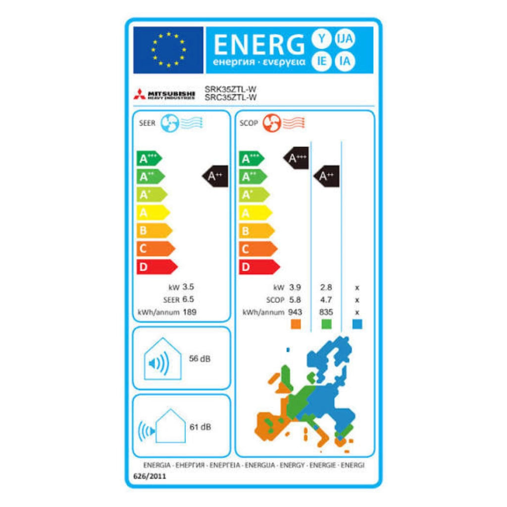Климатик Mitsubishi Heavy Smart Plus модел: SRK35ZTL-W/SRC35ZTL-W бял енергиен стикер